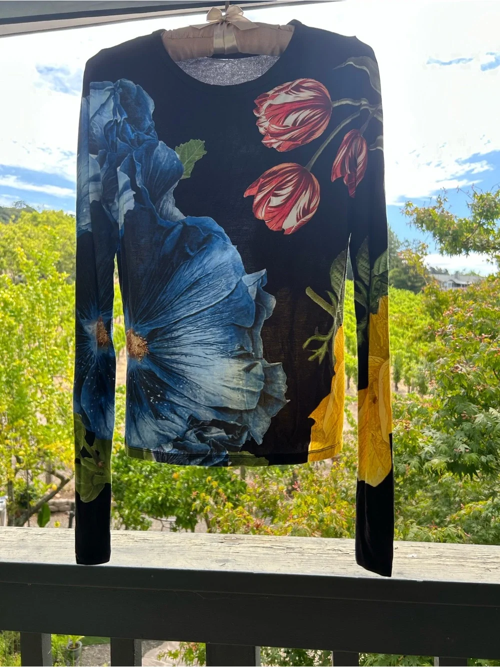 Alice + Olivia Black Floral Long-Sleeve Top with Blue, Red & Yellow Blooms - Picture 1 of 6